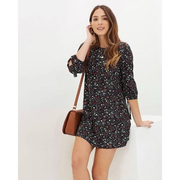Mango MNG Velda Dress black red white daisy ditsy floral print tie 3/4 sleeves - Picture 1 of 4